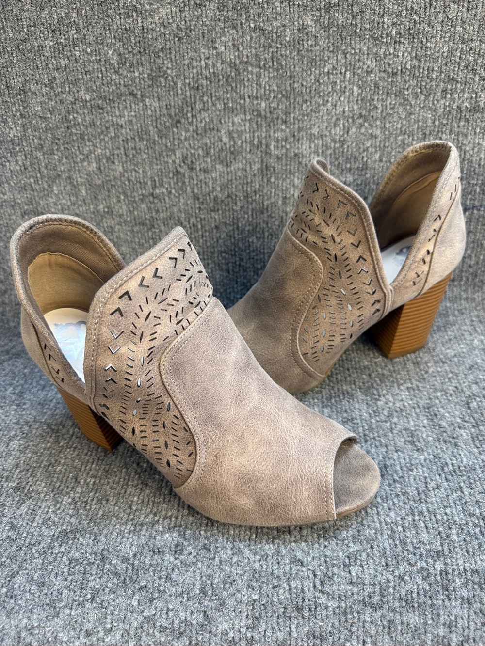 Fergalicious by Fergie Peep-Toe Cutout Ankle Booties - Taupe Size 9